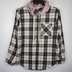 Hem & Thread Long Sleeve Button Down Hoodie Plaid Shirt Size Large